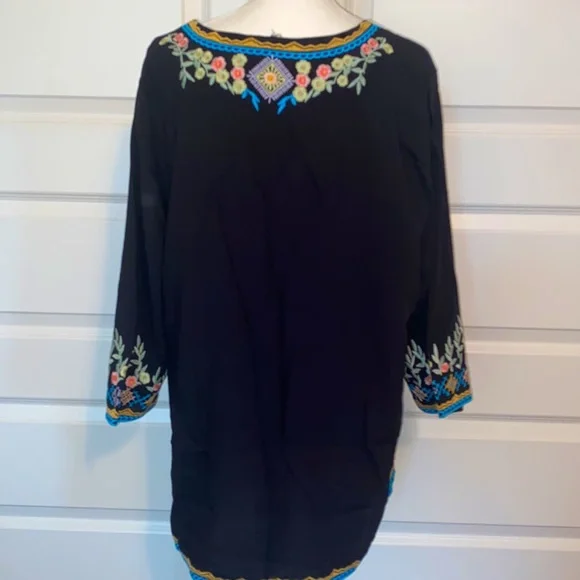 Boho Embroidery Mexican Bohemian Tops Peasant 3/4 Sleeve V Neck Shirt Tunic - Picture 6 of 6